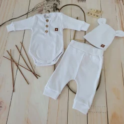 3cz komplet prążkowany body+spodnie+czapka 56-86 biały