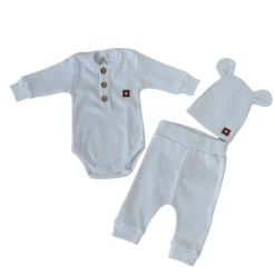 3cz komplet prążkowany body+spodnie+czapka 56-86 biały