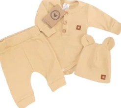 3cz komplet prążkowany body+spodnie+czapka 56-86 beżowy