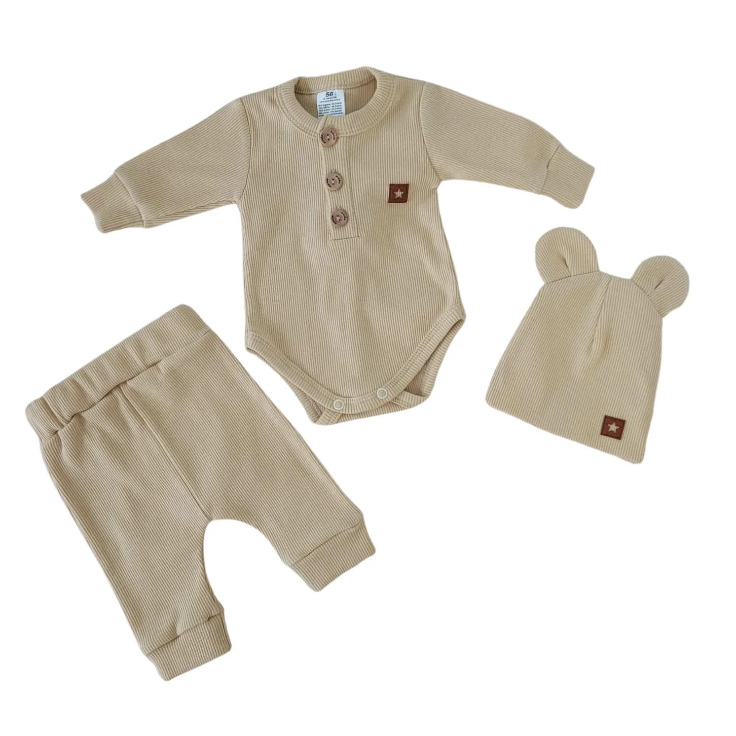 3cz komplet prążkowany body+spodnie+czapka 56-86 beżowy