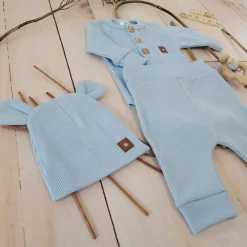 3cz komplet prążkowany body+spodnie+czapka 56-86 błękitny