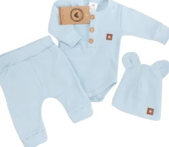 3cz komplet prążkowany body+spodnie+czapka 56-86 błękitny