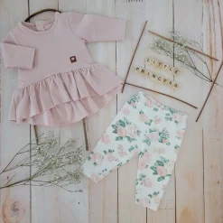 2 cz KOMPLET tunika + legginsy dresowe 56-86 brudny róż +kwiaty