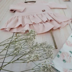2 cz KOMPLET tunika + legginsy dresowe 56-86 brudny róż +kwiaty