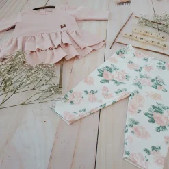 2 cz KOMPLET tunika + legginsy dresowe 56-86 brudny róż +kwiaty
