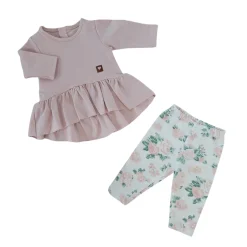2 cz KOMPLET tunika + legginsy dresowe 56-86 brudny róż +kwiaty
