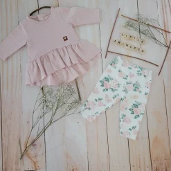 2 cz KOMPLET tunika + legginsy dresowe 56-86 brudny róż +kwiaty