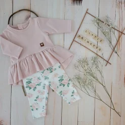 2 cz KOMPLET tunika + legginsy dresowe 56-86 brudny róż +kwiaty