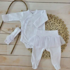 3cz komplet z tiulem Body+półśpiochy+opaska biały ostatnie sztuki 50
