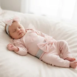 3cz komplet z tiulem Body+spodnie+opaska 56-86 różowy