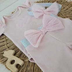 3cz komplet z tiulem Body+spodnie+opaska 56-86 różowy
