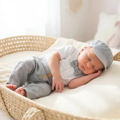 4-cz modny garniturek do chrztu na lato, komplet elegancki body z krótkim rękawem + spodnie z drewnianymi guzikami 56-86 szary