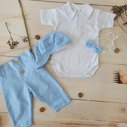 4-cz modny garniturek do chrztu na lato, komplet elegancki body z krótkim rękawem + spodnie z drewnianymi guzikami 56-86 błękitny