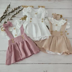 3 cz muślinowy komplet body + spódniczka na szelkach+ opaska 56-86 biały