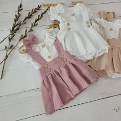 3 cz muślinowy komplet body + spódniczka na szelkach+ opaska 56-86 biały