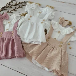 3 cz muślinowy komplet body + spódniczka na szelkach+ opaska 56-86 biały