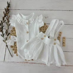 3 cz muślinowy komplet body + spódniczka na szelkach+ opaska 56-86 biały