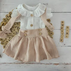 3 cz muślinowy komplet body + spódniczka na szelkach+ opaska 56-86 piaskowy beż