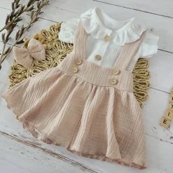 3 cz muślinowy komplet body + spódniczka na szelkach+ opaska 56-86 piaskowy beż