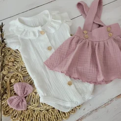 3 cz muślinowy komplet body + spódniczka na szelkach+ opaska 56-86 brudny róż
