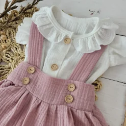 3 cz muślinowy komplet body + spódniczka na szelkach+ opaska 56-86 brudny róż