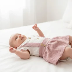 3 cz muślinowy komplet body + spódniczka na szelkach+ opaska 56-86 brudny róż
