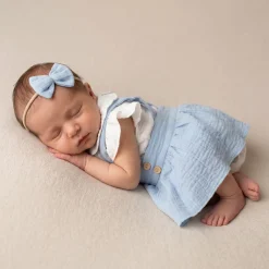 3 cz muślinowy komplet body + spódniczka na szelkach+ opaska 56-86 baby blue