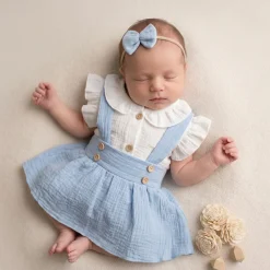 3 cz muślinowy komplet body + spódniczka na szelkach+ opaska 56-86 baby blue
