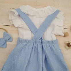 3 cz muślinowy komplet body + spódniczka na szelkach+ opaska 56-86 baby blue