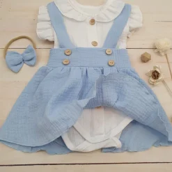 3 cz muślinowy komplet body + spódniczka na szelkach+ opaska 56-86 baby blue