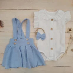 3 cz muślinowy komplet body + spódniczka na szelkach+ opaska 56-86 baby blue