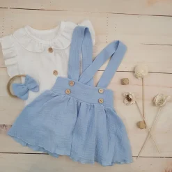 3 cz muślinowy komplet body + spódniczka na szelkach+ opaska 56-86 baby blue