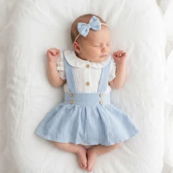3 cz muślinowy komplet body + spódniczka na szelkach+ opaska 56-86 baby blue