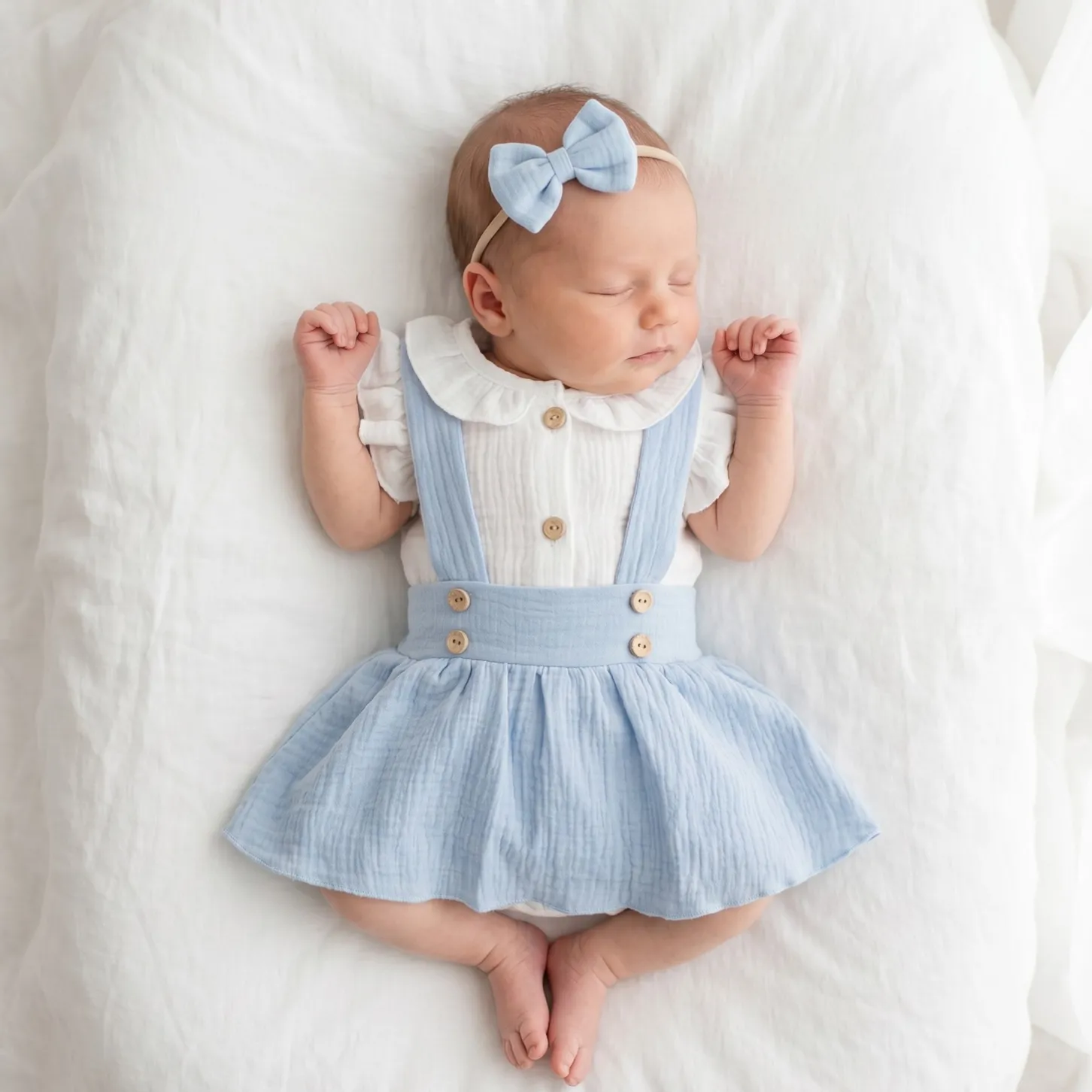3 cz muślinowy komplet body + spódniczka na szelkach+ opaska 56-86 baby blue