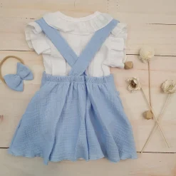 3 cz muślinowy komplet body + spódniczka na szelkach+ opaska 56-86 baby blue