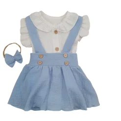 3 cz muślinowy komplet body + spódniczka na szelkach+ opaska 56-86 baby blue