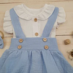 3 cz muślinowy komplet body + spódniczka na szelkach+ opaska 56-86 baby blue