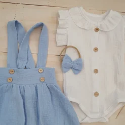 3 cz muślinowy komplet body + spódniczka na szelkach+ opaska 56-86 baby blue