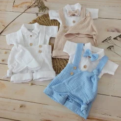 4cz muślinowy komplet body + spodnie na szelkach+ czapka + muszka 56-86 biały