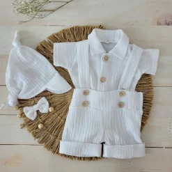 4cz muślinowy komplet body + spodnie na szelkach+ czapka + muszka 56-86 biały