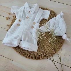 4cz muślinowy komplet body + spodnie na szelkach+ czapka + muszka 56-86 biały