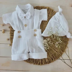 4cz muślinowy komplet body + spodnie na szelkach+ czapka + muszka 56-86 biały