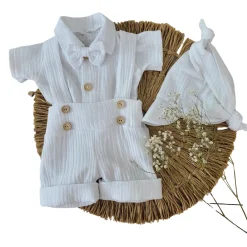 4cz muślinowy komplet body + spodnie na szelkach+ czapka + muszka 56-86 biały