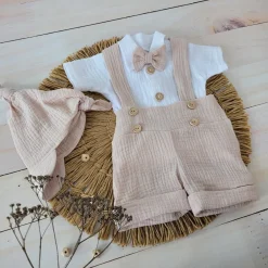 4cz muślinowy komplet body + spodnie na szelkach+ czapka + muszka 56-86 piaskowy beż