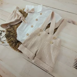 4cz muślinowy komplet body + spodnie na szelkach+ czapka + muszka 56-86 piaskowy beż
