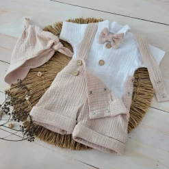 4cz muślinowy komplet body + spodnie na szelkach+ czapka + muszka 56-86 piaskowy beż