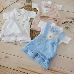 4cz muślinowy komplet body + spodnie na szelkach+ czapka + muszka 56-86 piaskowy beż