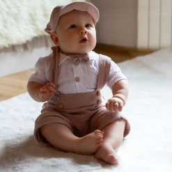 4cz muślinowy komplet body + spodnie na szelkach+ czapka + muszka 56-86 piaskowy beż