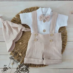 4cz muślinowy komplet body + spodnie na szelkach+ czapka + muszka 56-86 piaskowy beż