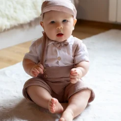 4cz muślinowy komplet body + spodnie na szelkach+ czapka + muszka 56-86 piaskowy beż